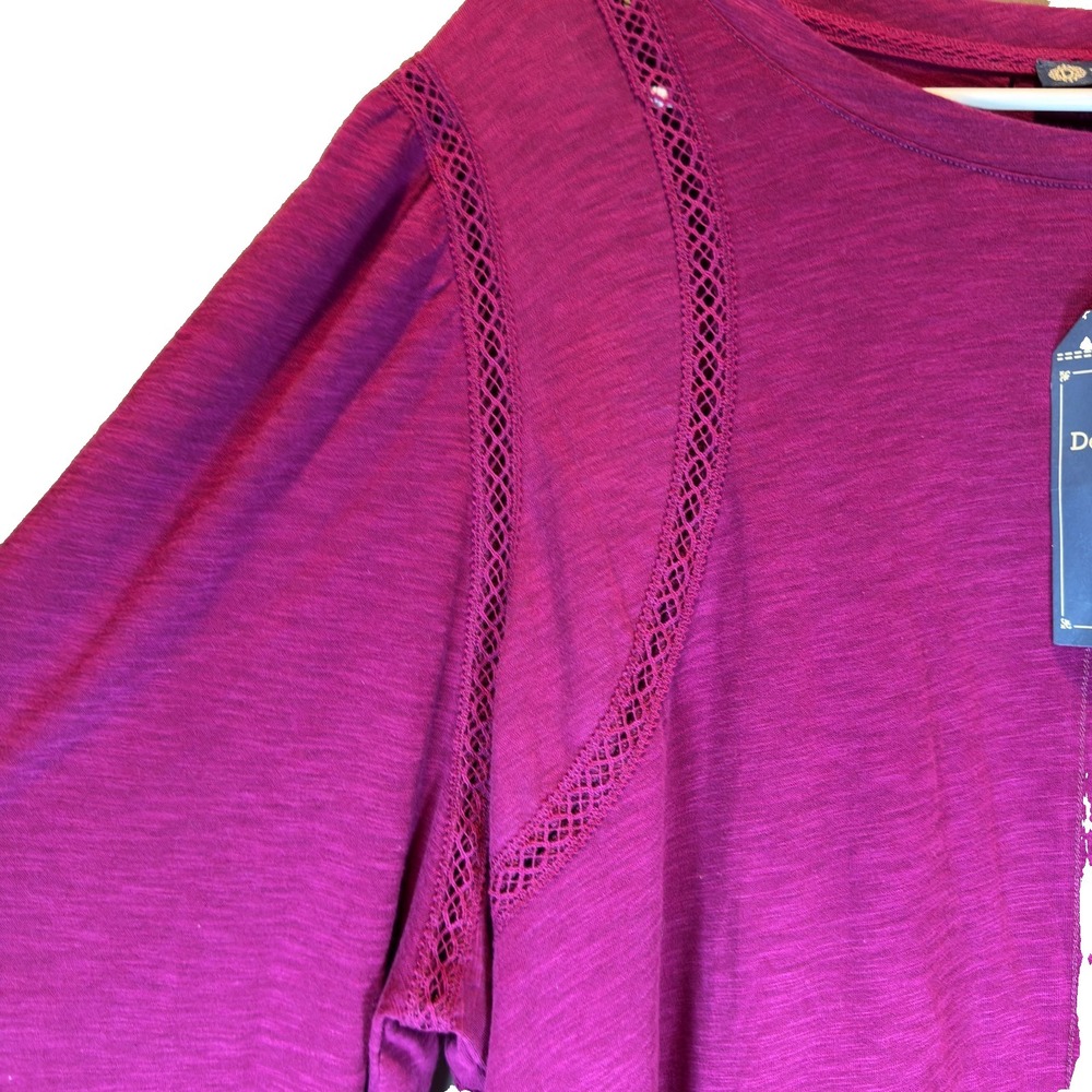 NWT Democracy 2X Plum Lace Inset Cotton Modal Knit Pullover Top Bishop Sleeve - Picture 2 of 12